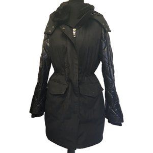 Calvin Klein Womens Black Anorak Removable Hood Faux Fur Parka Coat Size Small